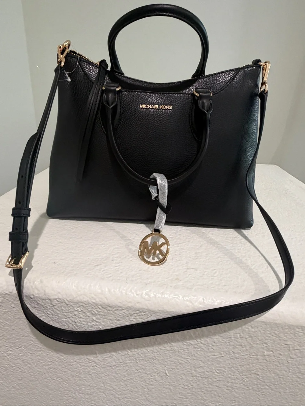 Michael Kors Black Pebbled Leather Satchel with Gold Hardware